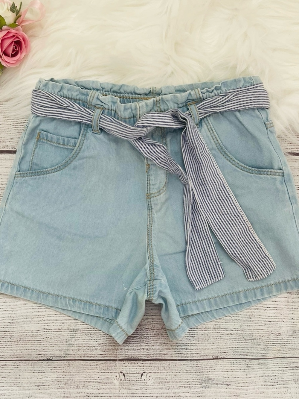 Zara Toddler Girls Light Blue Denim Shorts with Striped Tie Belt, Size 3-4 years